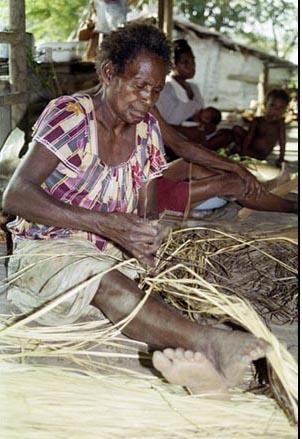 Lavere Aukiri plaits sago leaf fibre into a basket, known as an akeke, in the village of Mapaio. (J.A. Bell 2001).