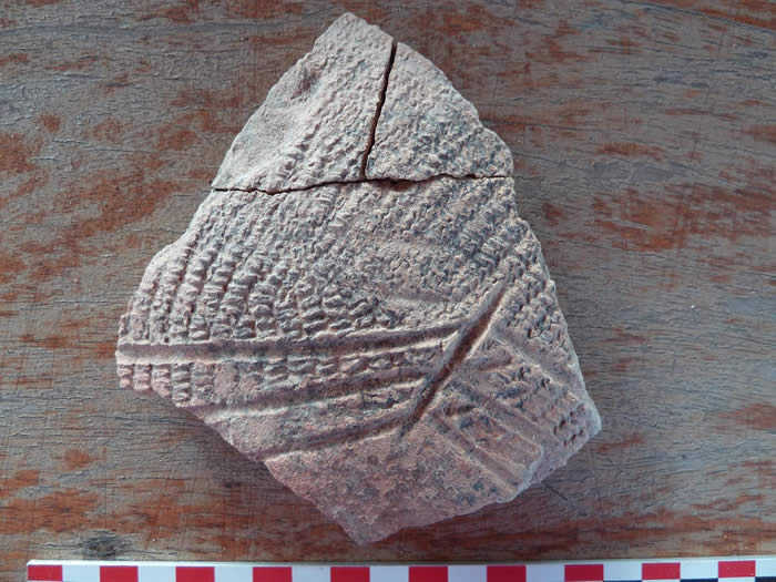 A potsherd recovered from surface survey - decorated with folded strip roulette and channelling