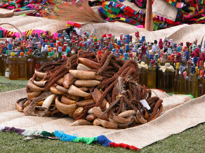 Offerings of sperm whale teeth 'tabua', scented coconut oil and other valuables at the final mortuary rituals for Ratu Sir Kamisese Mara, paramount chief of Lau, Eastern Fiji (S.Hooper, May 2005)